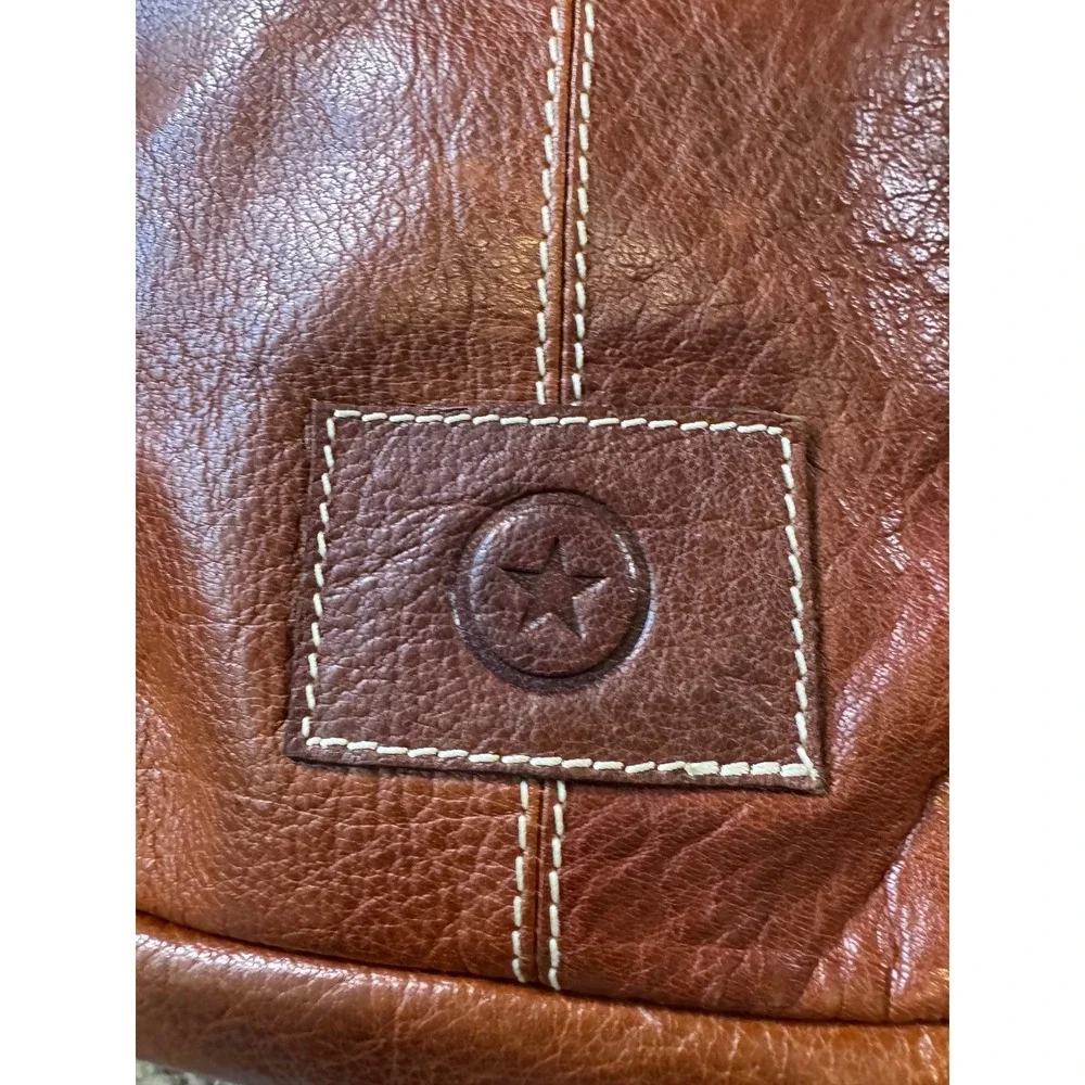Roots Leather Backpack Cognac Brown Brass Hardware White Stitch Medium